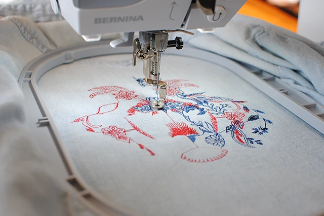 Embroidery Machine Creating Stitched Floral Design on Fabric
