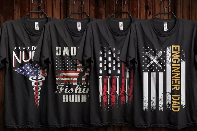 Black T-shirts with Patriotic Designs Hung on Wooden Wall